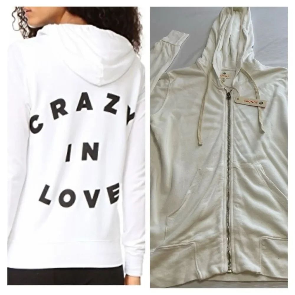 NWT Anthropologie Sundry Crazy In Love White Zip Up Hoodie Jacket Size 1 Small